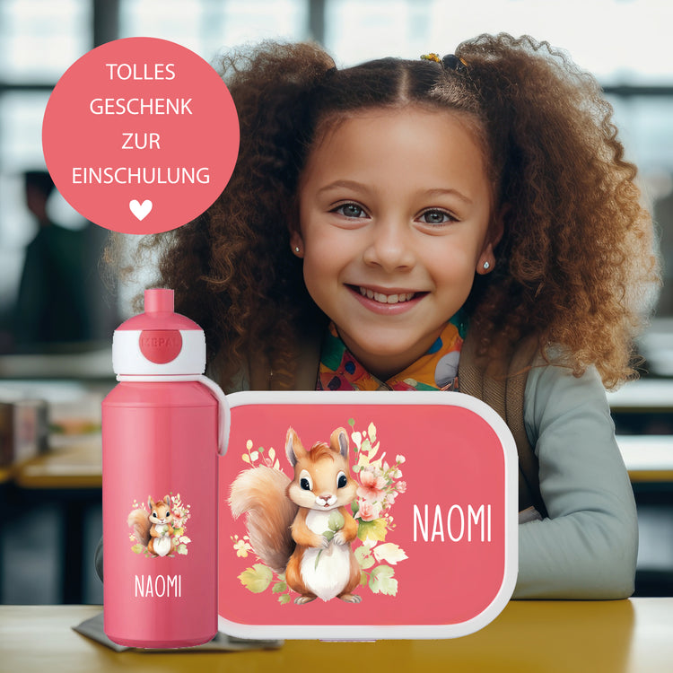 Brotdose & Trinkflasche - Set Tiere mit Blumen personalisiert