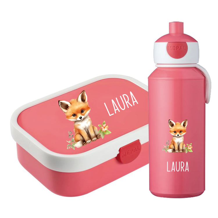 Brotdose & Trinkflasche - Set Tiere mit Blumen personalisiert