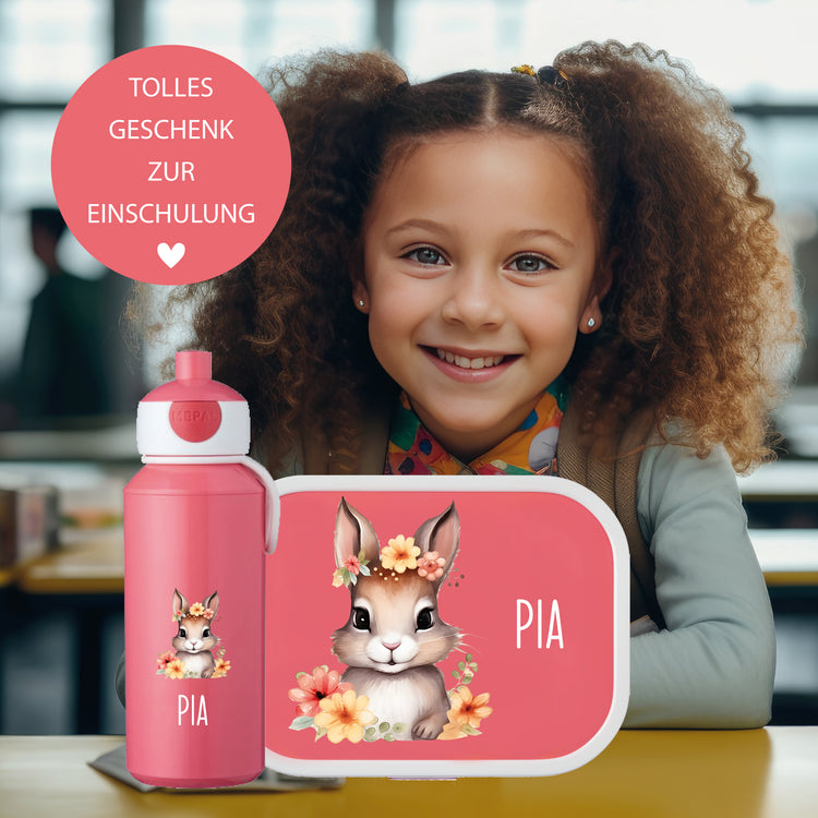 Brotdose & Trinkflasche - Set Tiere mit Blumen personalisiert