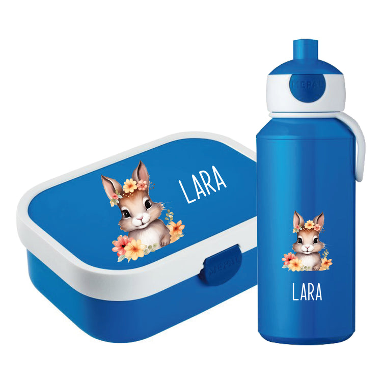 Brotdose & Trinkflasche - Set Tiere mit Blumen personalisiert