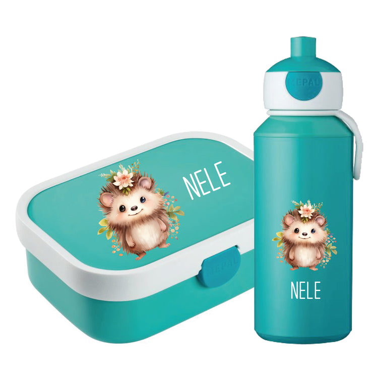 Brotdose & Trinkflasche - Set Tiere mit Blumen personalisiert