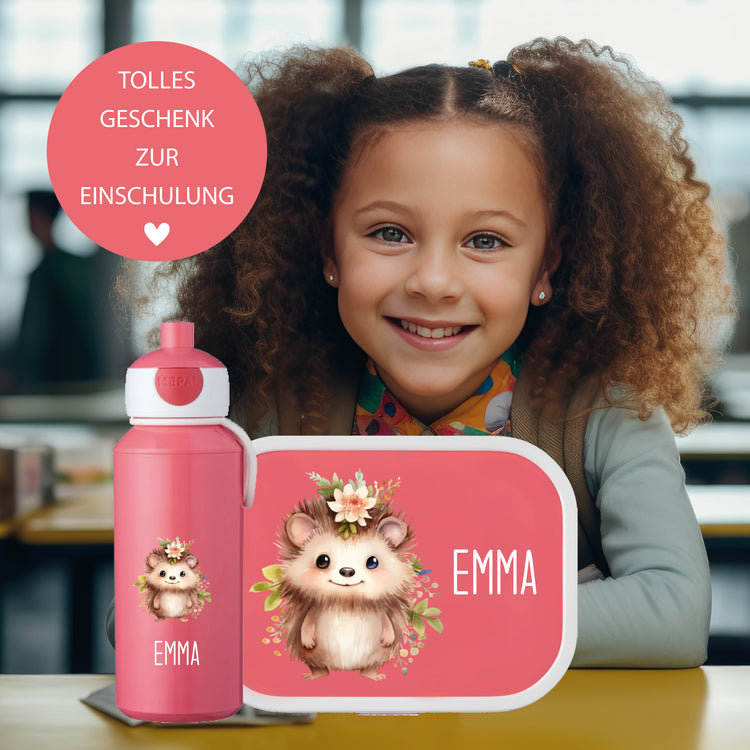 Brotdose & Trinkflasche - Set Tiere mit Blumen personalisiert