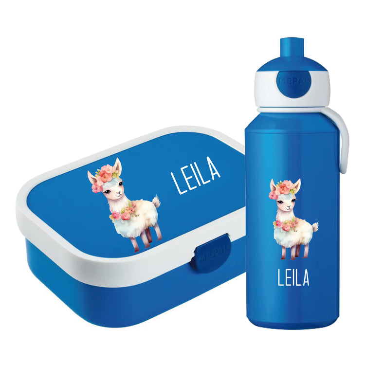 Brotdose & Trinkflasche - Set Tiere mit Blumen personalisiert