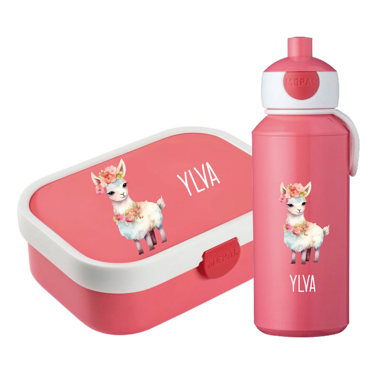 Brotdose & Trinkflasche - Set Tiere mit Blumen personalisiert