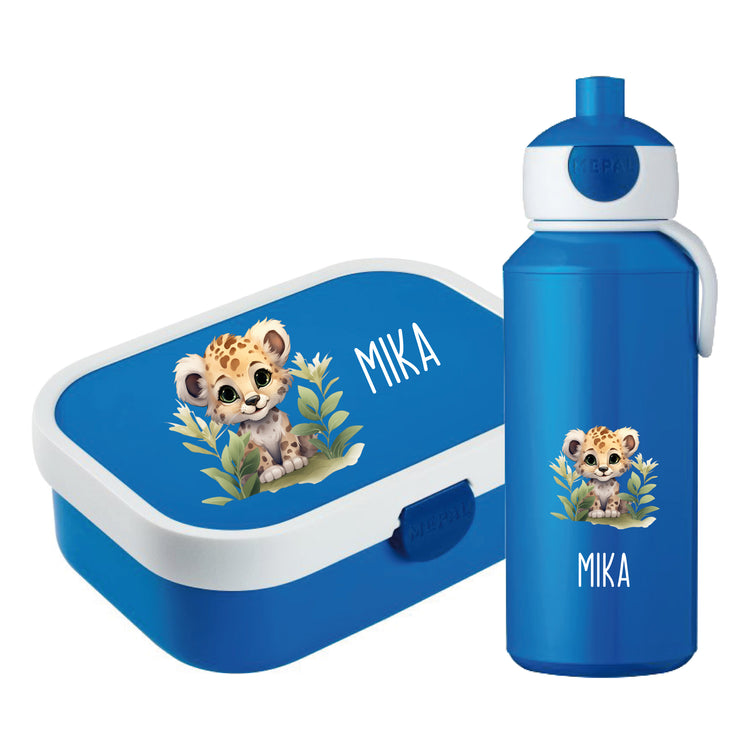 Brotdose & Trinkflasche - Set Tiere mit Blumen personalisiert