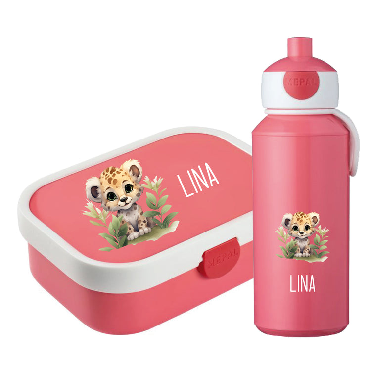 Brotdose & Trinkflasche - Set Tiere mit Blumen personalisiert