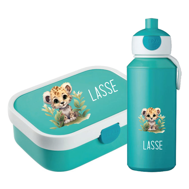 Brotdose & Trinkflasche - Set Tiere mit Blumen personalisiert