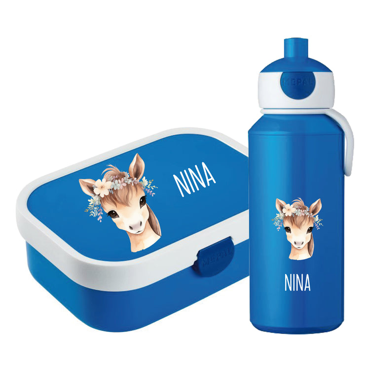 Brotdose & Trinkflasche - Set Tiere mit Blumen personalisiert