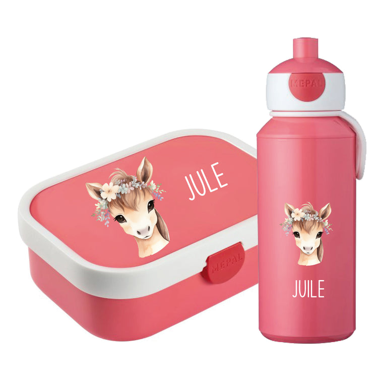 Brotdose & Trinkflasche - Set Tiere mit Blumen personalisiert