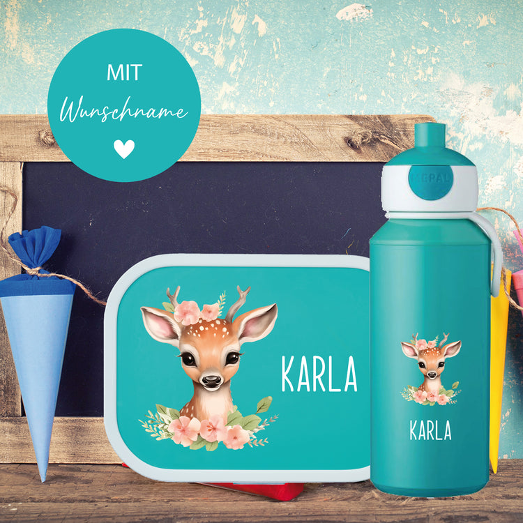 Brotdose & Trinkflasche - Set Tiere mit Blumen personalisiert