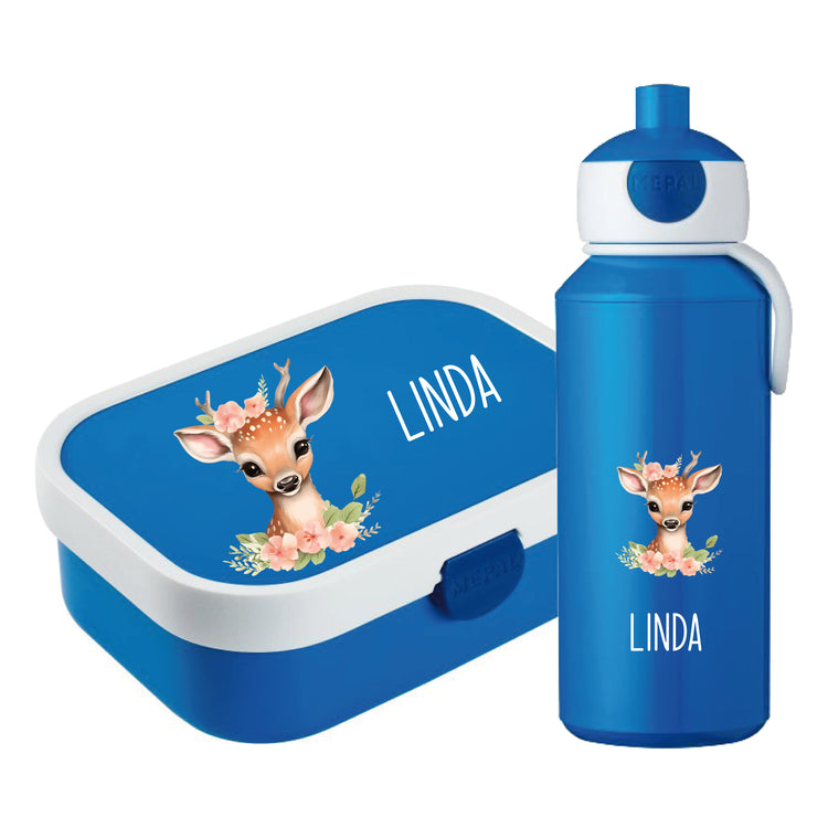 Brotdose & Trinkflasche - Set Tiere mit Blumen personalisiert