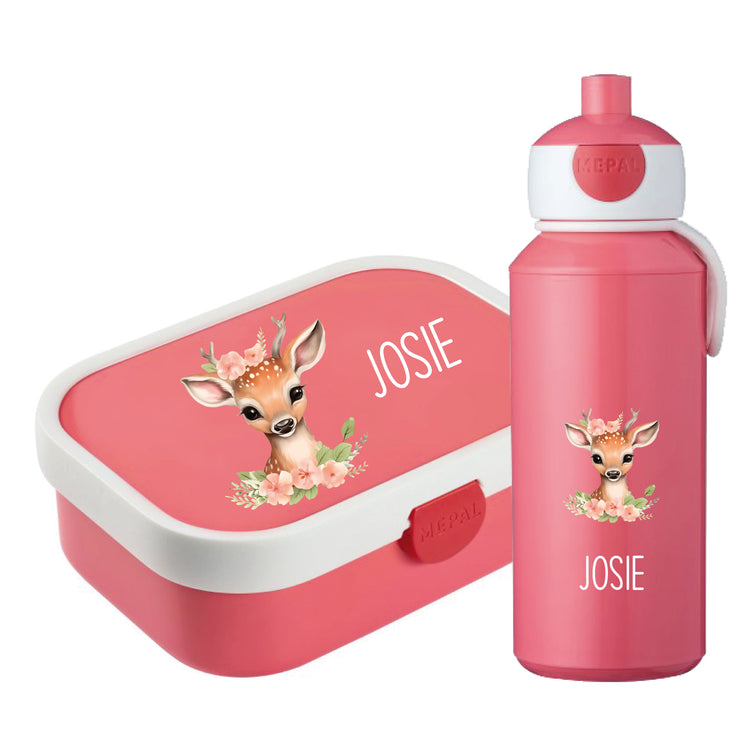 Brotdose & Trinkflasche - Set Tiere mit Blumen personalisiert