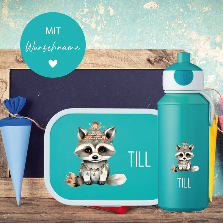 Brotdose & Trinkflasche - Set Tiere mit Blumen personalisiert