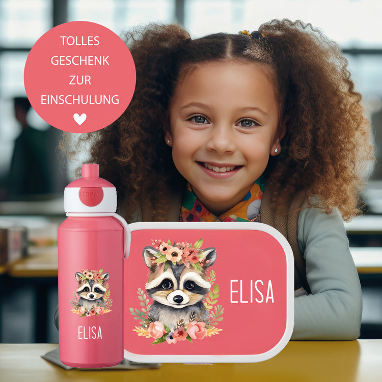 Brotdose & Trinkflasche - Set Tiere mit Blumen personalisiert