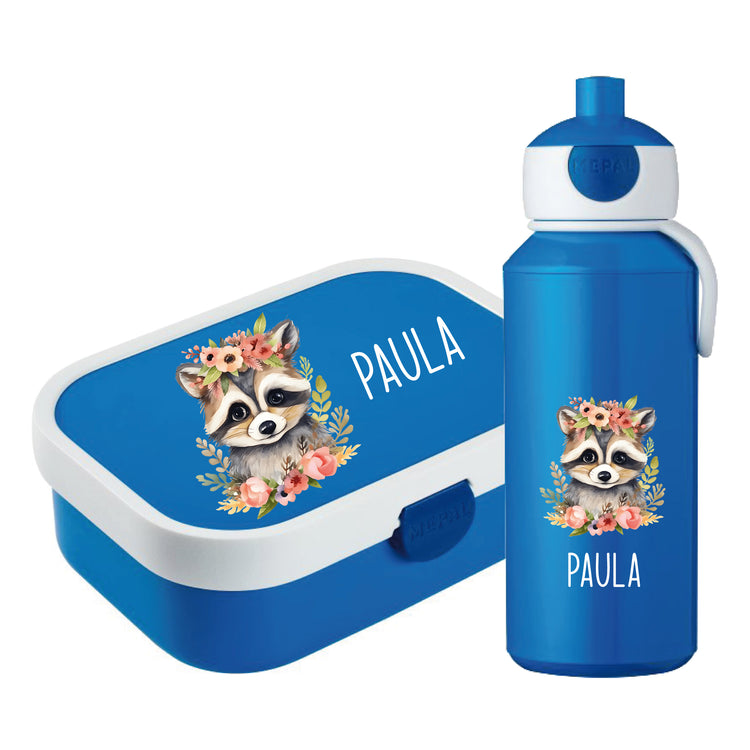 Brotdose & Trinkflasche - Set Tiere mit Blumen personalisiert