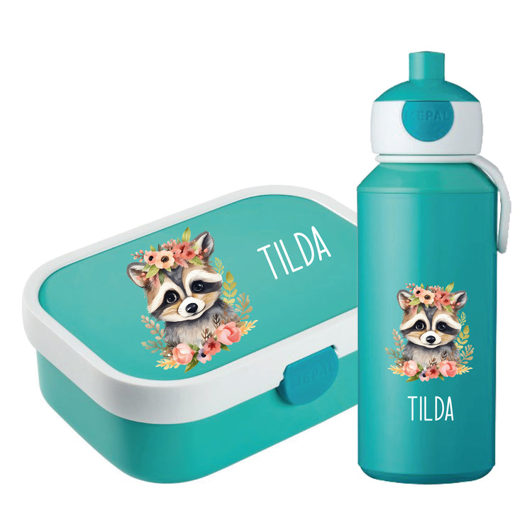 Brotdose & Trinkflasche - Set Tiere mit Blumen personalisiert