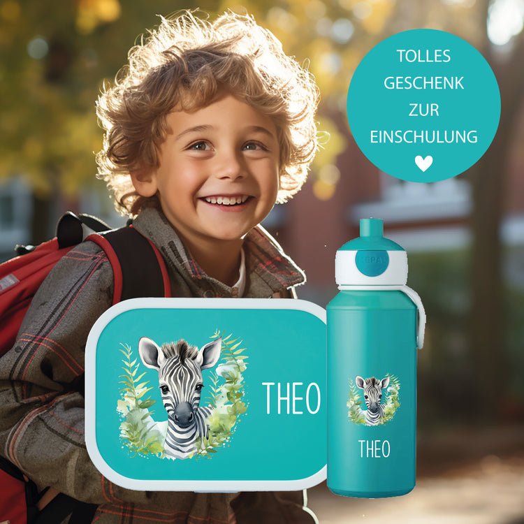 Brotdose & Trinkflasche - Set Tiere mit Blumen personalisiert