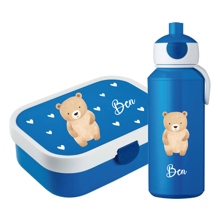 Brotdose & Trinkflasche - Set Tiere mit Herzen personalisiert