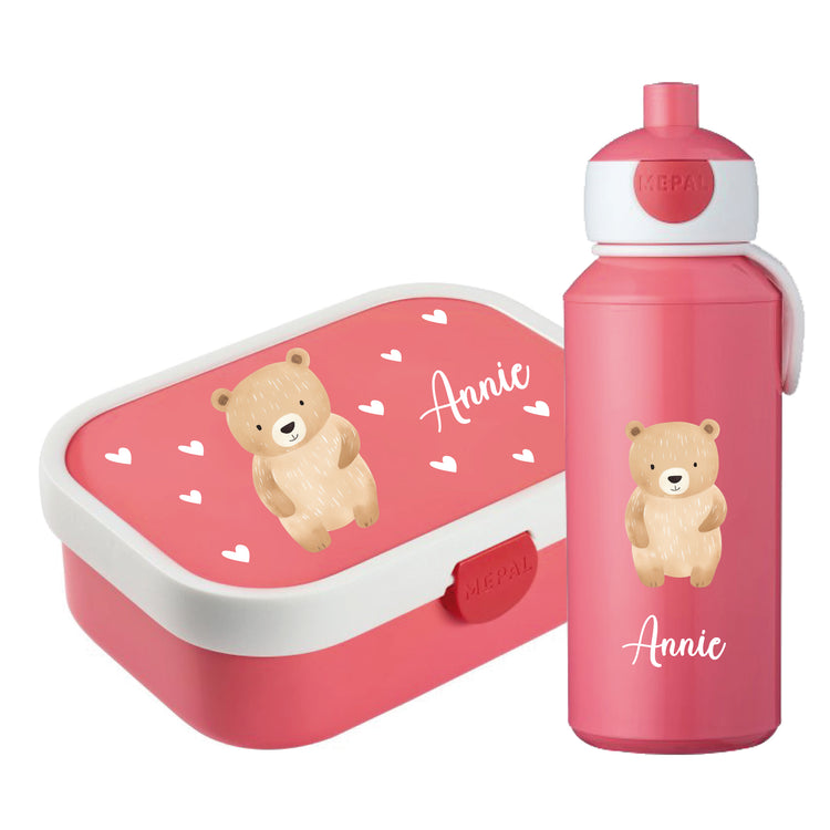 Brotdose & Trinkflasche - Set Tiere mit Herzen personalisiert