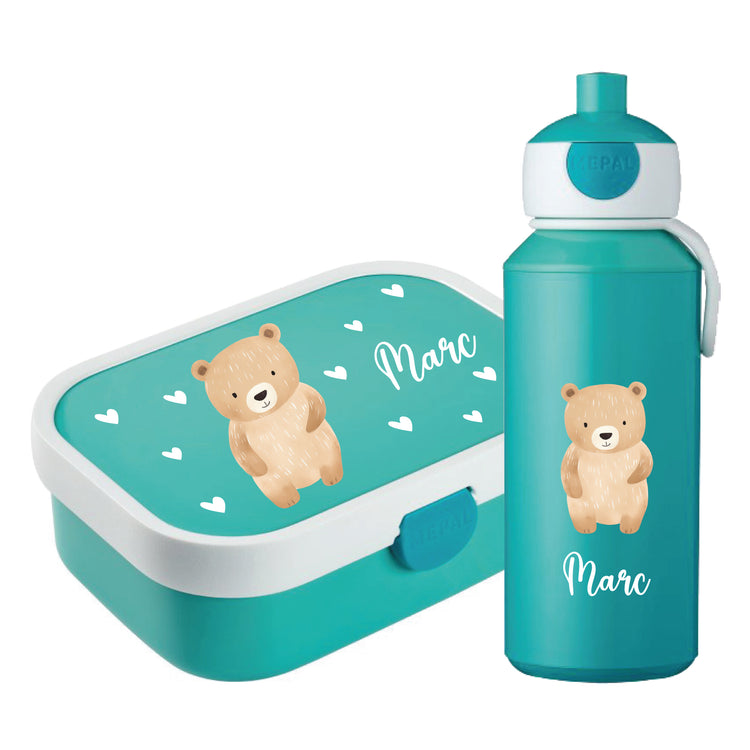 Brotdose & Trinkflasche - Set Tiere mit Herzen personalisiert