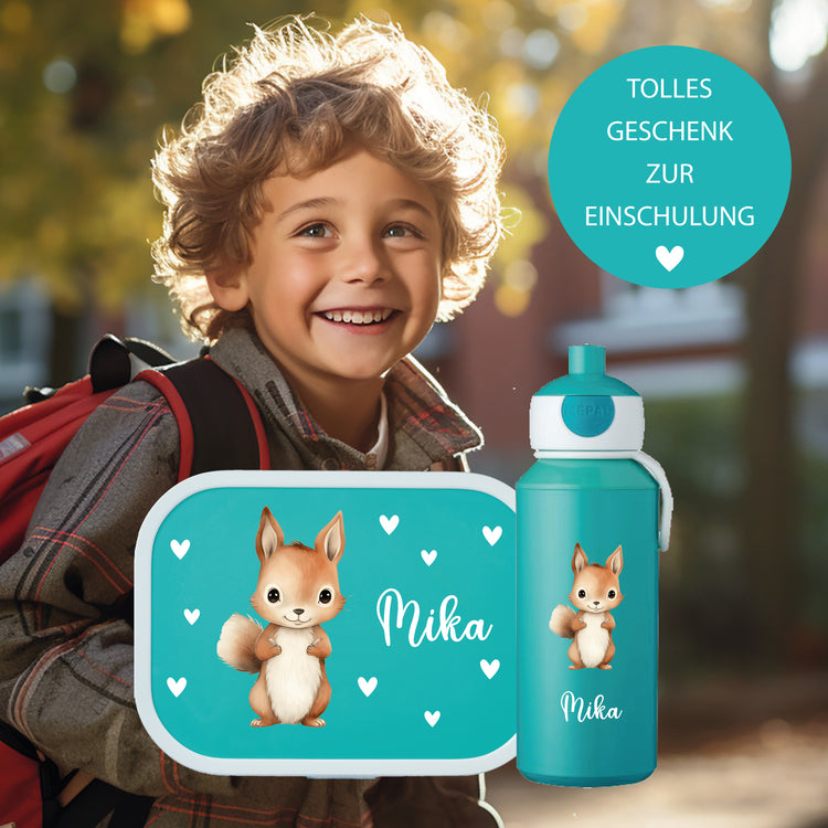 Brotdose & Trinkflasche - Set Tiere mit Herzen personalisiert