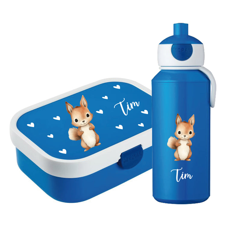 Brotdose & Trinkflasche - Set Tiere mit Herzen personalisiert