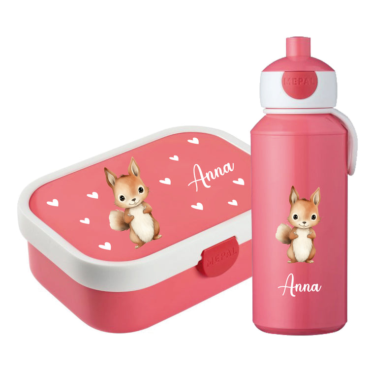 Brotdose & Trinkflasche - Set Tiere mit Herzen personalisiert