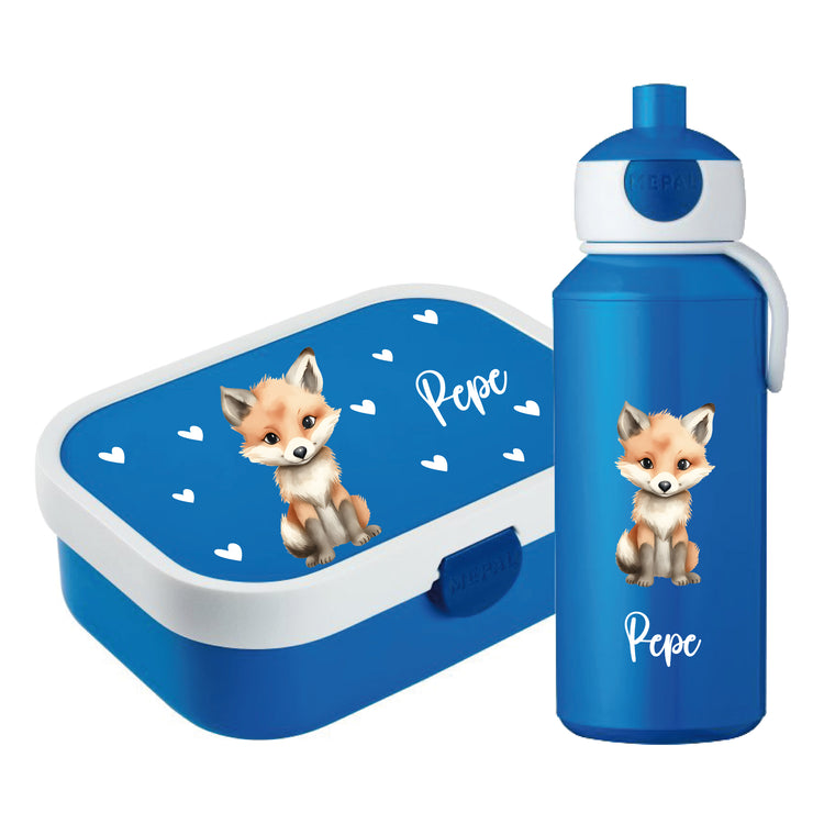 Brotdose & Trinkflasche - Set Tiere mit Herzen personalisiert