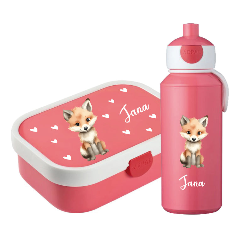 Brotdose & Trinkflasche - Set Tiere mit Herzen personalisiert