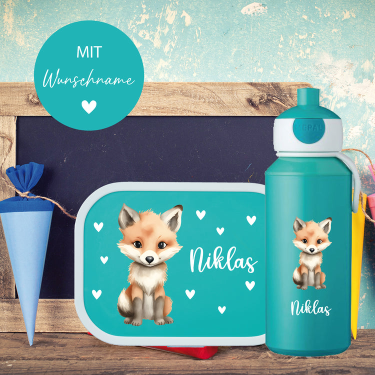 Brotdose & Trinkflasche - Set Tiere mit Herzen personalisiert