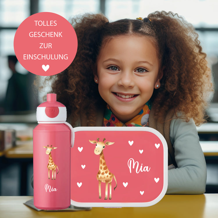 Brotdose & Trinkflasche - Set Tiere mit Herzen personalisiert