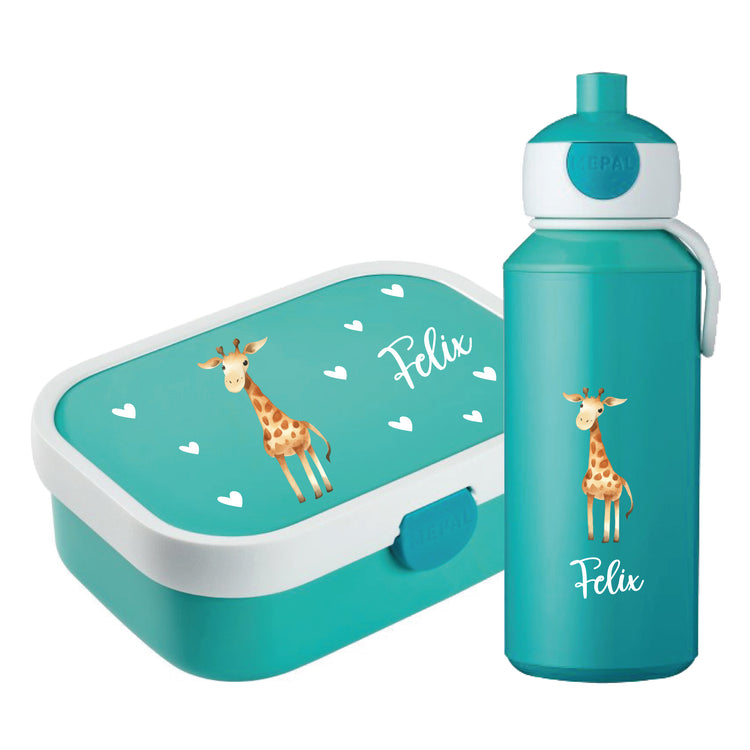 Brotdose & Trinkflasche - Set Tiere mit Herzen personalisiert