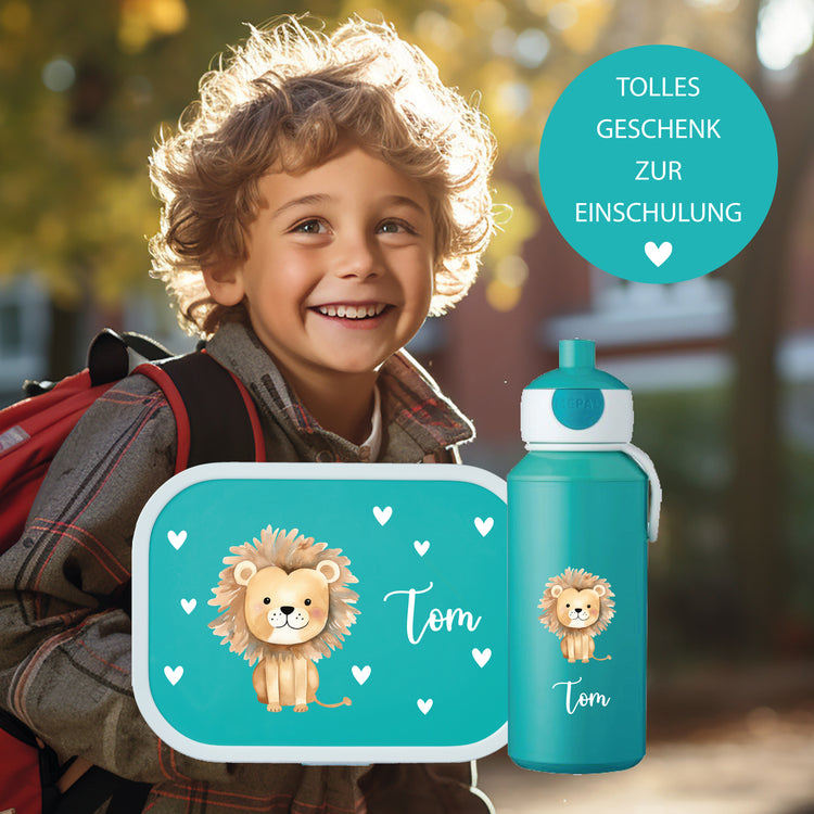 Brotdose & Trinkflasche - Set Tiere mit Herzen personalisiert