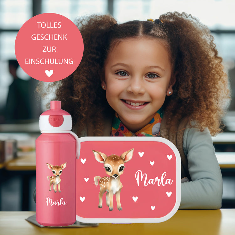 Brotdose & Trinkflasche - Set Tiere mit Herzen personalisiert