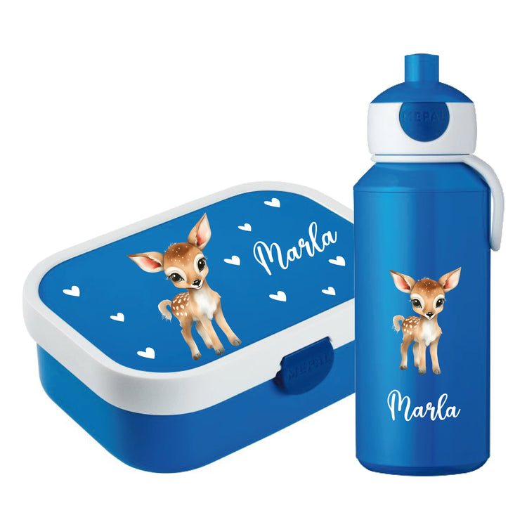 Brotdose & Trinkflasche - Set Tiere mit Herzen personalisiert