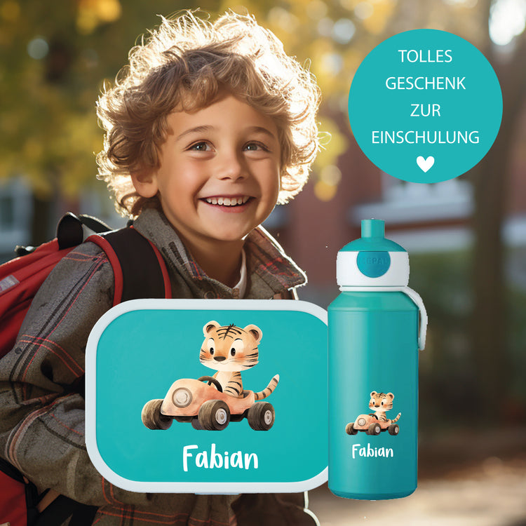 Brotdose & Trinkflasche - Set Tierauto personalisiert