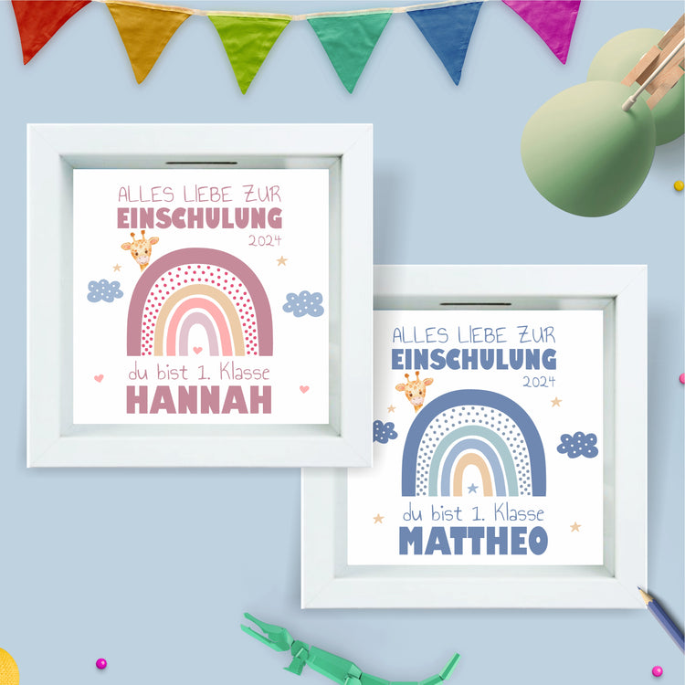 3D-Bilderrahmen-Spardose Schulkind Design Regenbogen - personalisiert