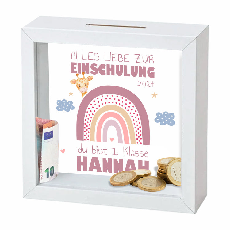 3D-Bilderrahmen-Spardose Schulkind Design Regenbogen - personalisiert