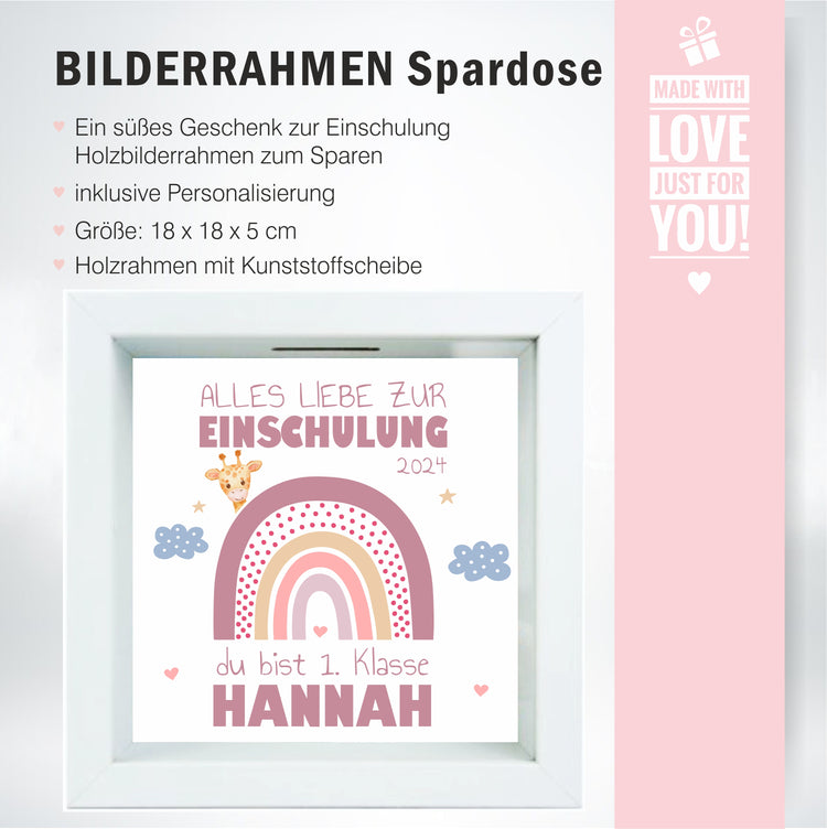 3D-Bilderrahmen-Spardose Schulkind Design Regenbogen - personalisiert