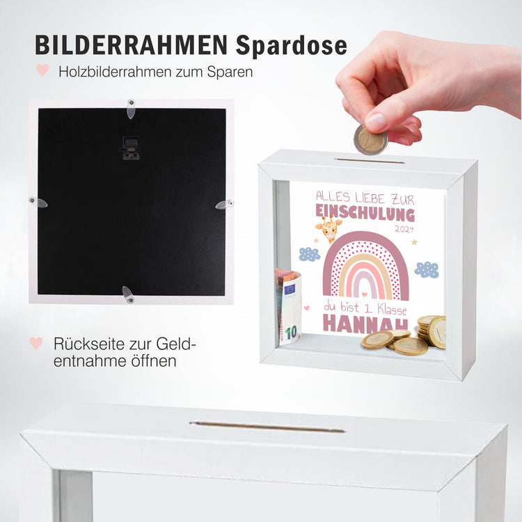 3D-Bilderrahmen-Spardose Schulkind Design Regenbogen - personalisiert