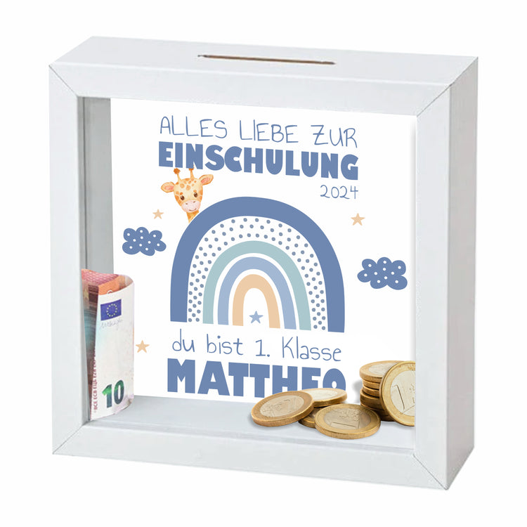 3D-Bilderrahmen-Spardose Schulkind Design Regenbogen - personalisiert