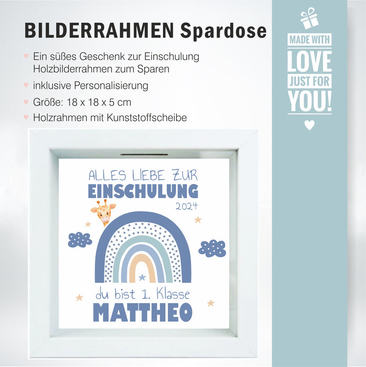 3D-Bilderrahmen-Spardose Schulkind Design Regenbogen - personalisiert