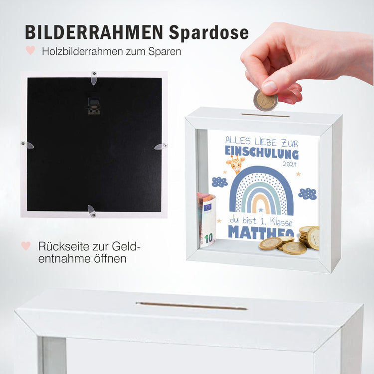 3D-Bilderrahmen-Spardose Schulkind Design Regenbogen - personalisiert