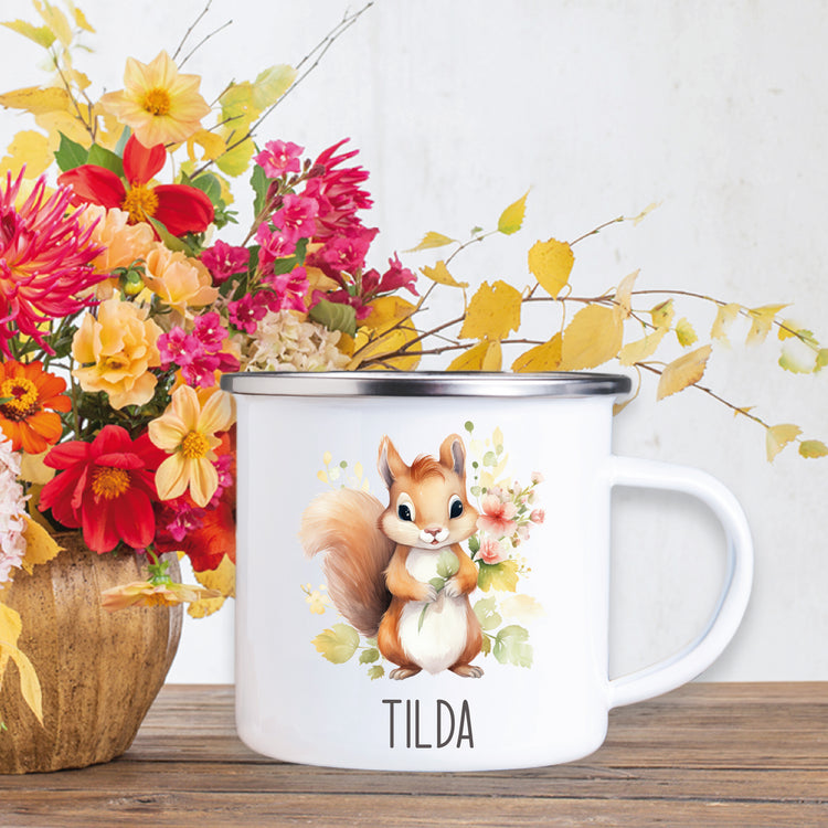 Emailletasse Tiere mit Blumen mit Wunschname