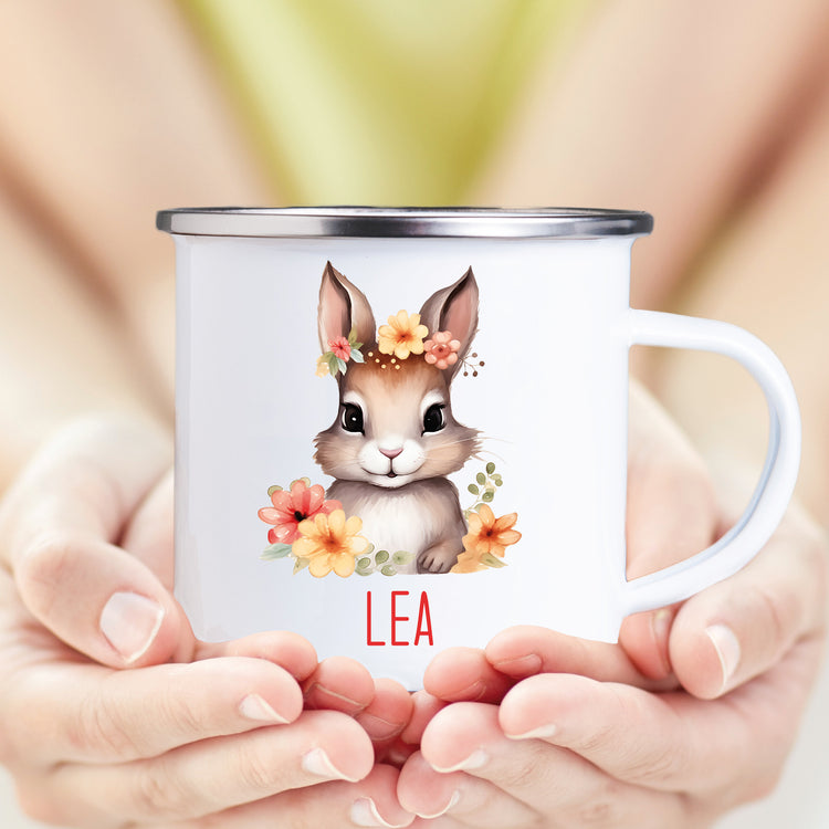 Emailletasse Tiere mit Blumen mit Wunschname