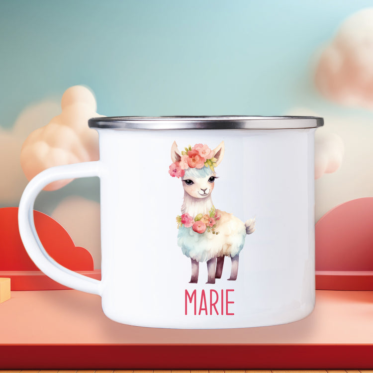 Emailletasse Tiere mit Blumen mit Wunschname