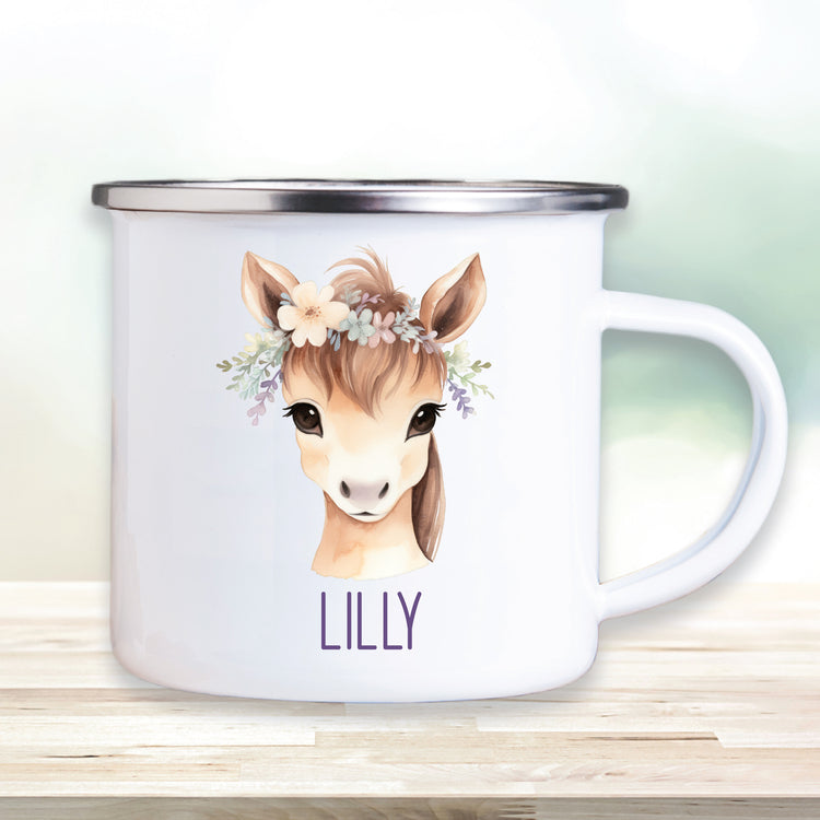 Emailletasse Tiere mit Blumen mit Wunschname