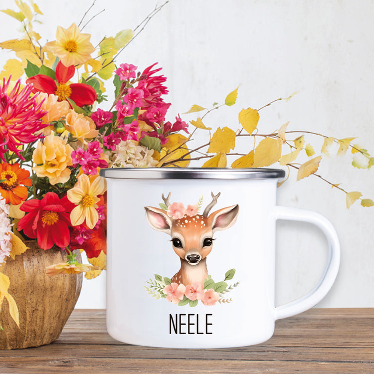 Emailletasse Tiere mit Blumen mit Wunschname