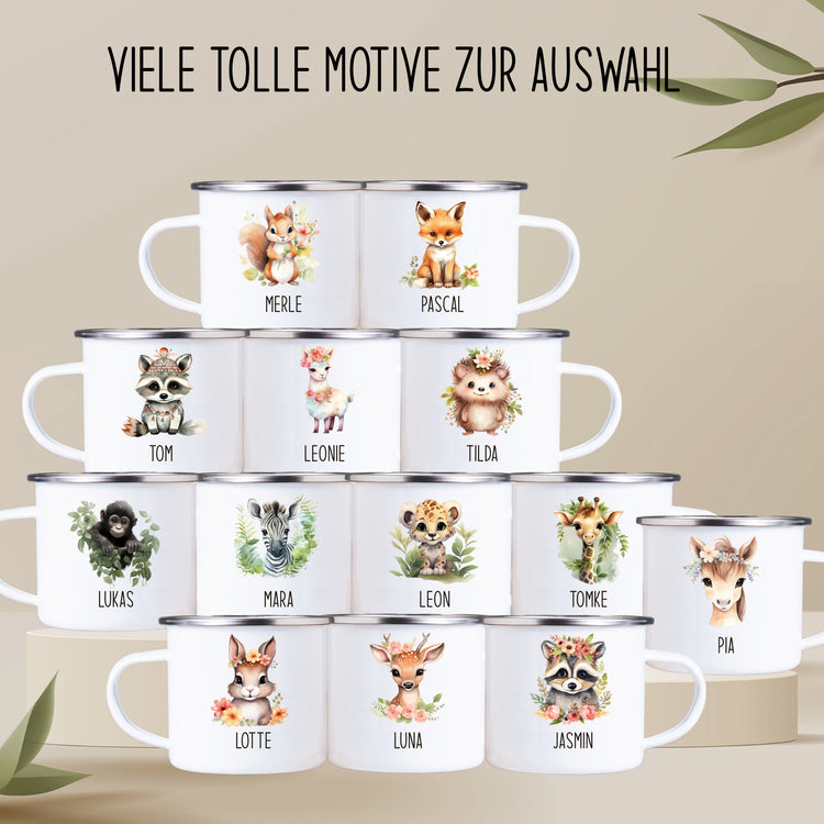 Emailletasse Tiere mit Blumen mit Wunschname