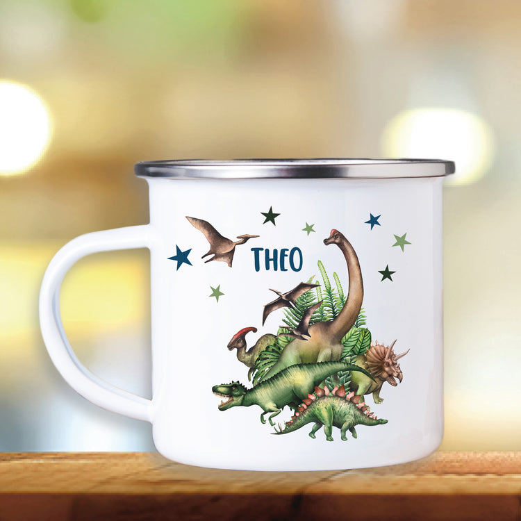 Emailletasse Dino mit Vulkan  mit Wunschname